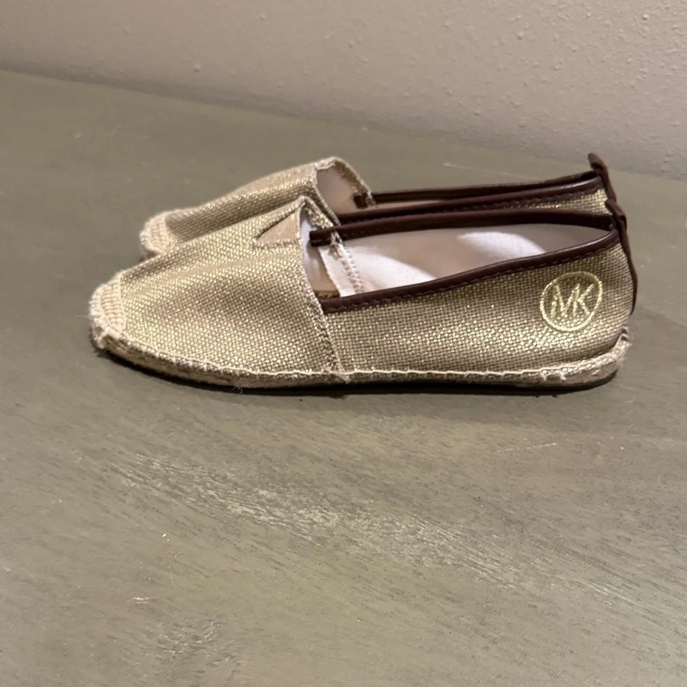 Michael Kors Metallic Gold Slip-On Espadrilles with Brown Trim (see measurements